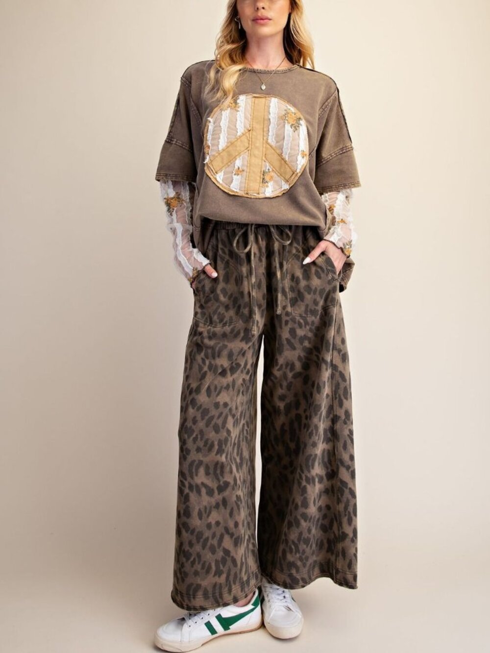 ETA - 9/27 - EASEL Plus Size Animal Print Washed Terry Pants in Olive
